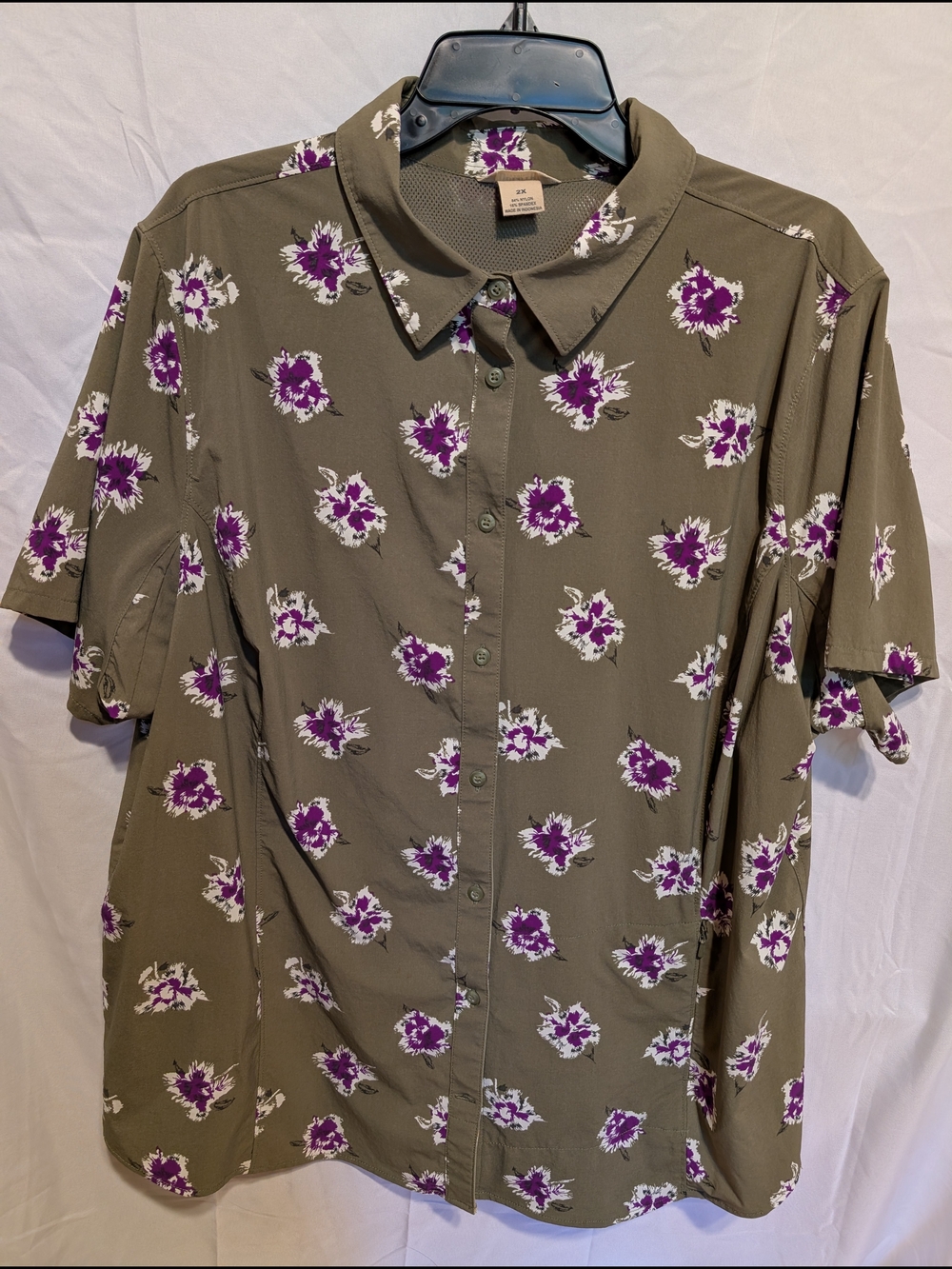 Duluth Trading Co Olive Short-Sleeve Button-Down with Purple Floral Pattern